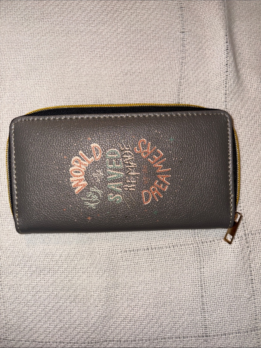 Women's Gray Zip Wallet with Multicolor Script